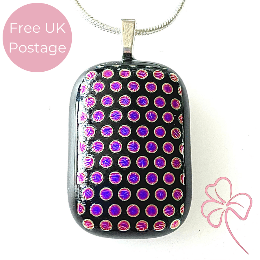 Black & Pink Polka Dot Dichroic Fused Glass Pendant Necklace 