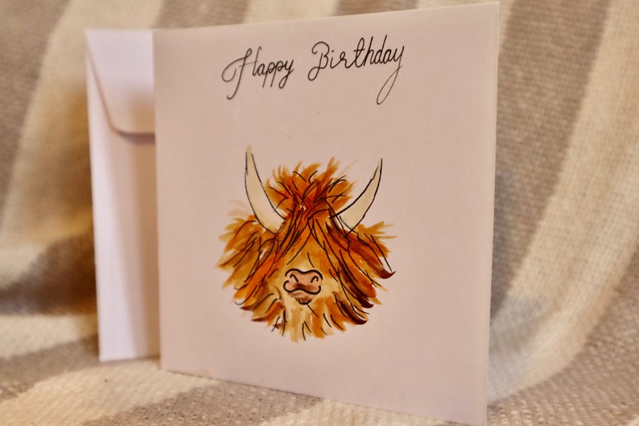 Highland cow handpainted birthday Card