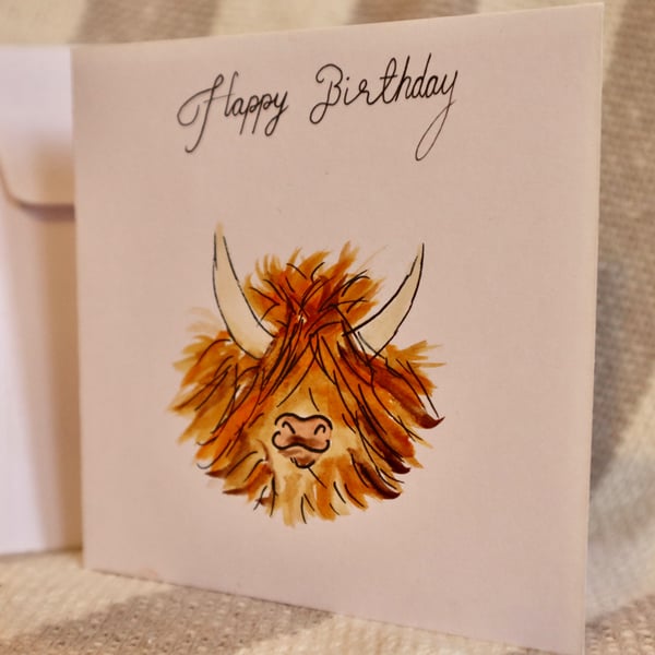 Highland cow handpainted birthday Card