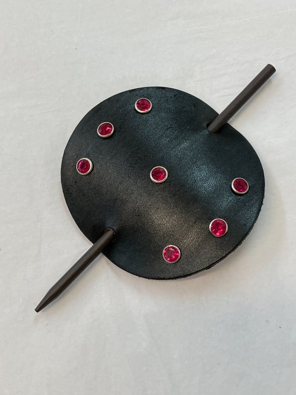 Circle shaped Dyed Black Leather Hair Stick Barrette with 7 Red Gems