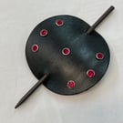 Circle shaped Dyed Black Leather Hair Stick Barrette with 7 Red Gems