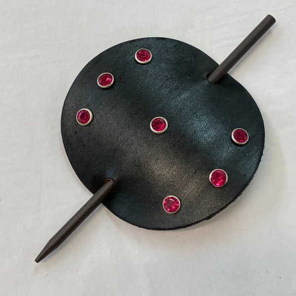 Circle shaped Dyed Black Leather Hair Stick Barrette with 7 Red Gems