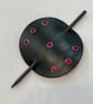 Circle shaped Dyed Black Leather Hair Stick Barrette with 7 Red Gems