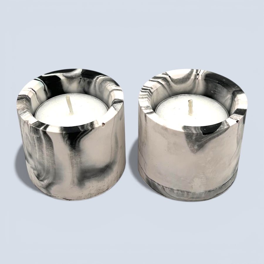 Black and Grey Marbled Tealight Holders Set of 2 Handmade Candle Pots
