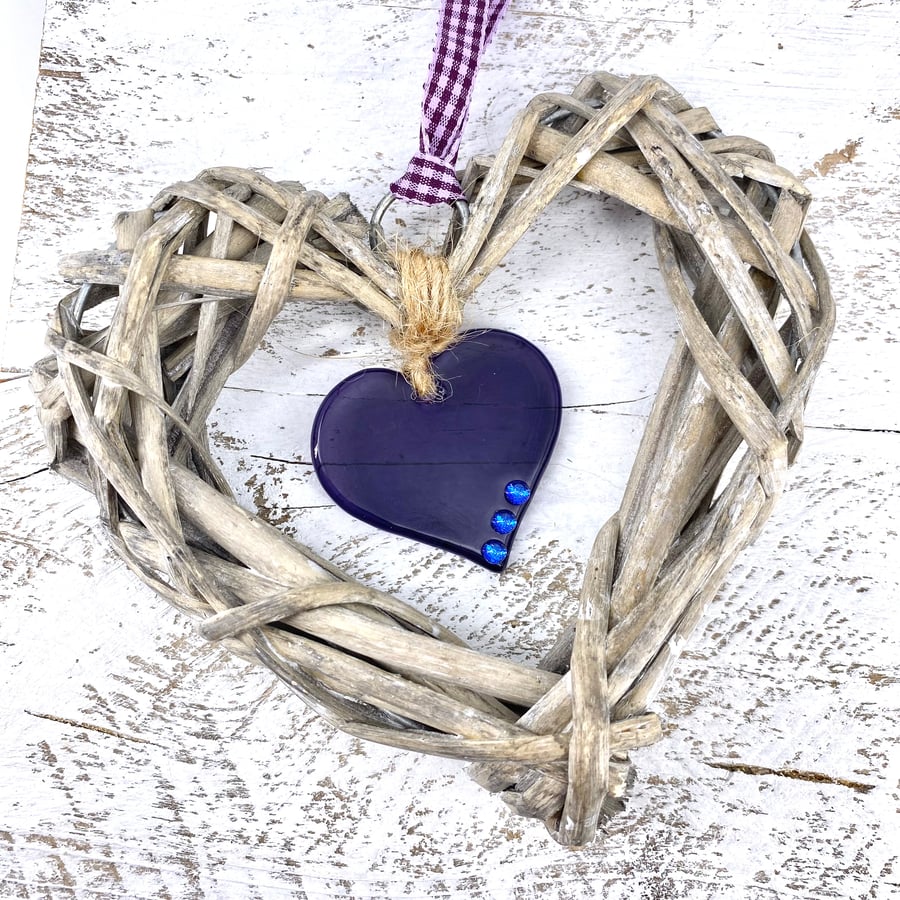 Fused Glass & Wicker Hanging Heart -  Turquoise
