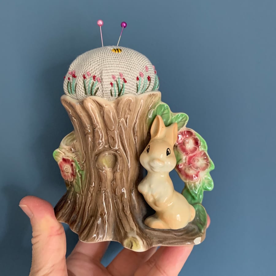 Hornsea rabbit vase embroidered pin cushion