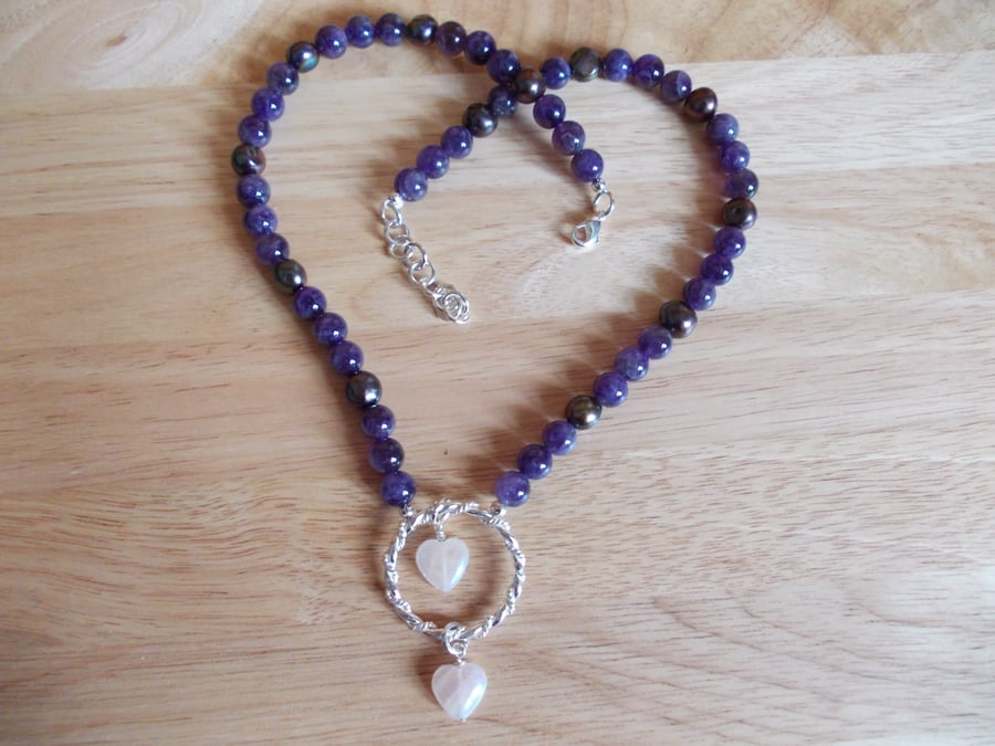 Amethyst, peacock pearl and rose quartz necklace