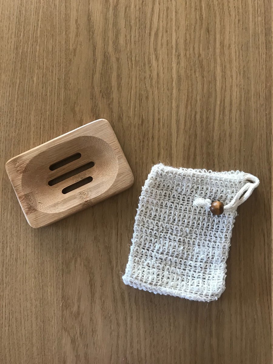 Sisal Soap Bag and Bamboo Soap Dish, Bamboo Soap Tray, Sisal Soap Saver and Eco 