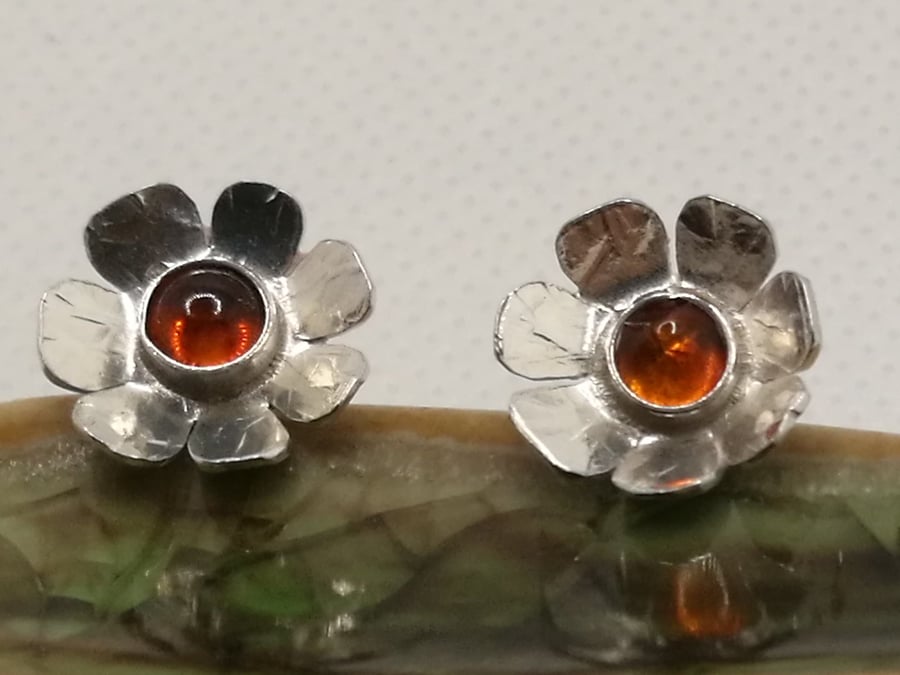 Amber and Sterling Silver daisy studs