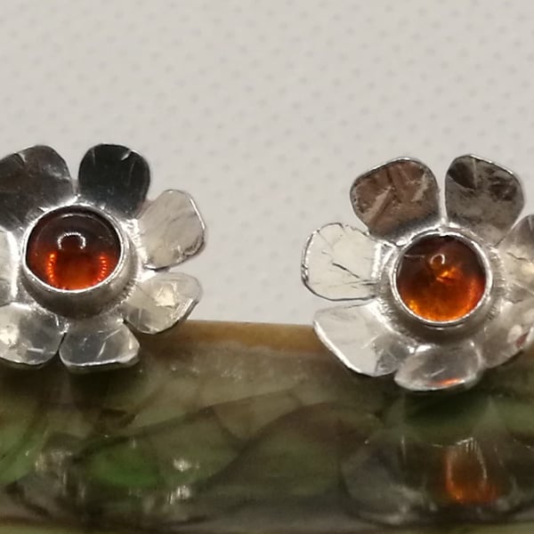 Amber and Sterling Silver daisy studs