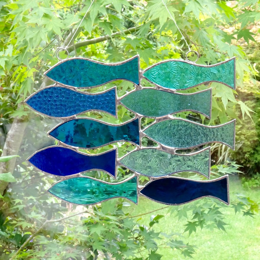 Stained Glass Handmade Decoration Shoal of 10 Fish Suncatcher - Blue & Turquoise