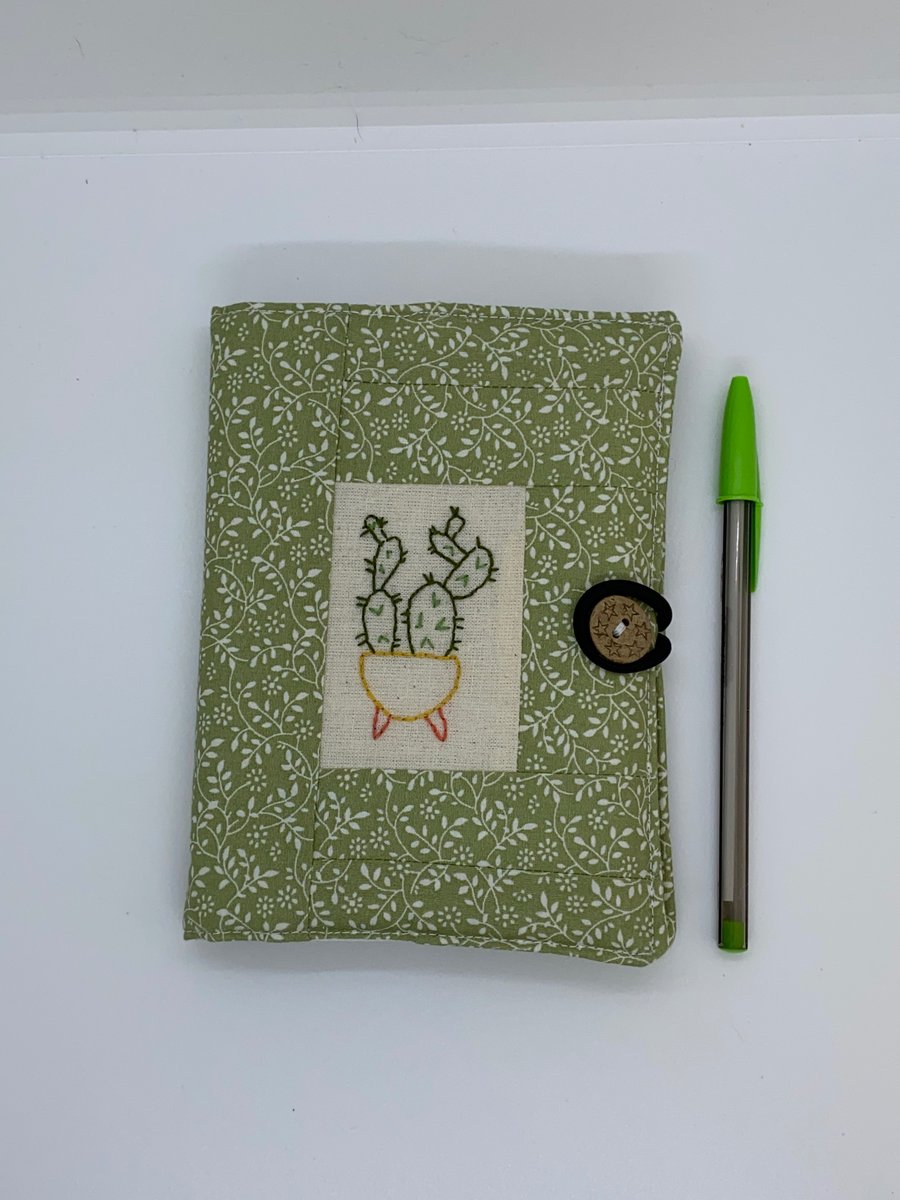 Reusable hand embroidered cactus green notebook cover