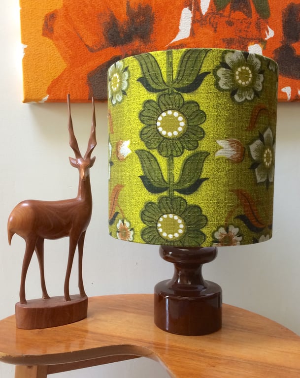 60s 70s RETRO Scandi Lime Brown DAISY Floral Barkcloth Vintage Fabric Lampshade 