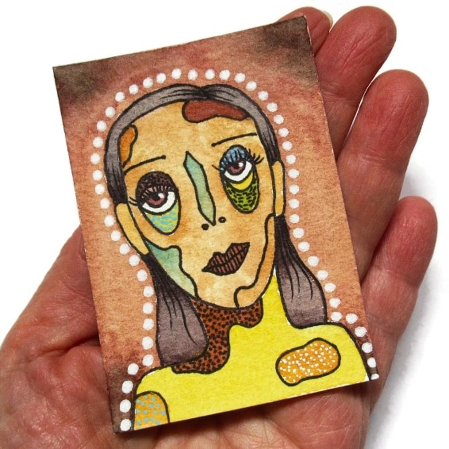 Miniature Female Portrait Painting Abstract ACEO ATC Woman's Face Mini Artwork 