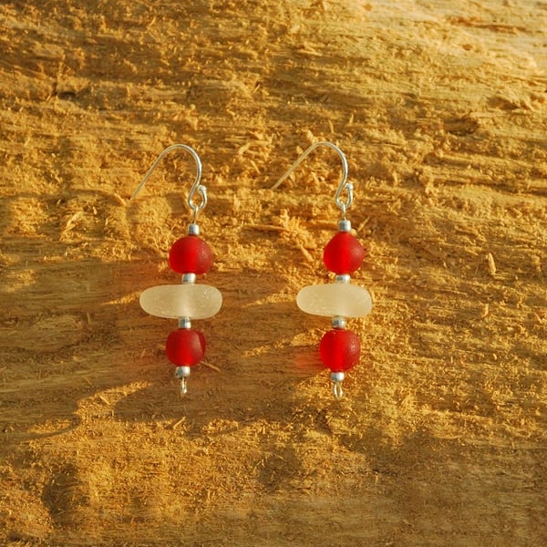Sea glass earrings with red beads