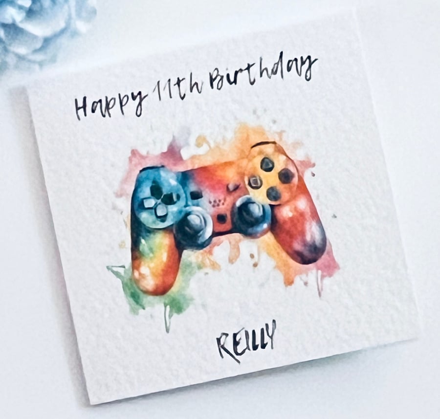 Personalised Gamer birthday greeting card any name and age rainbow watercolour d