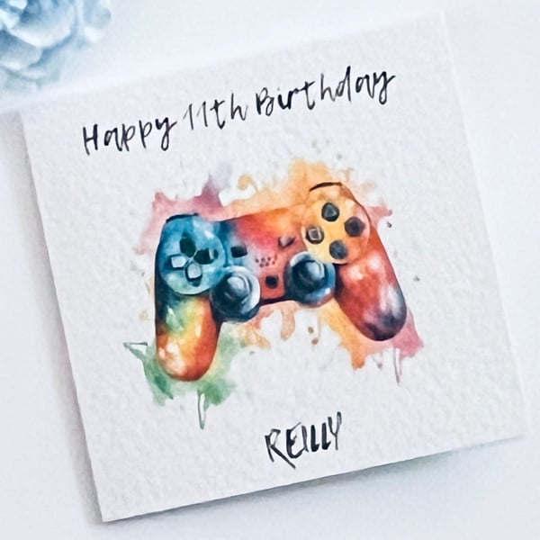 Personalised Gamer birthday greeting card any name and age rainbow watercolour d