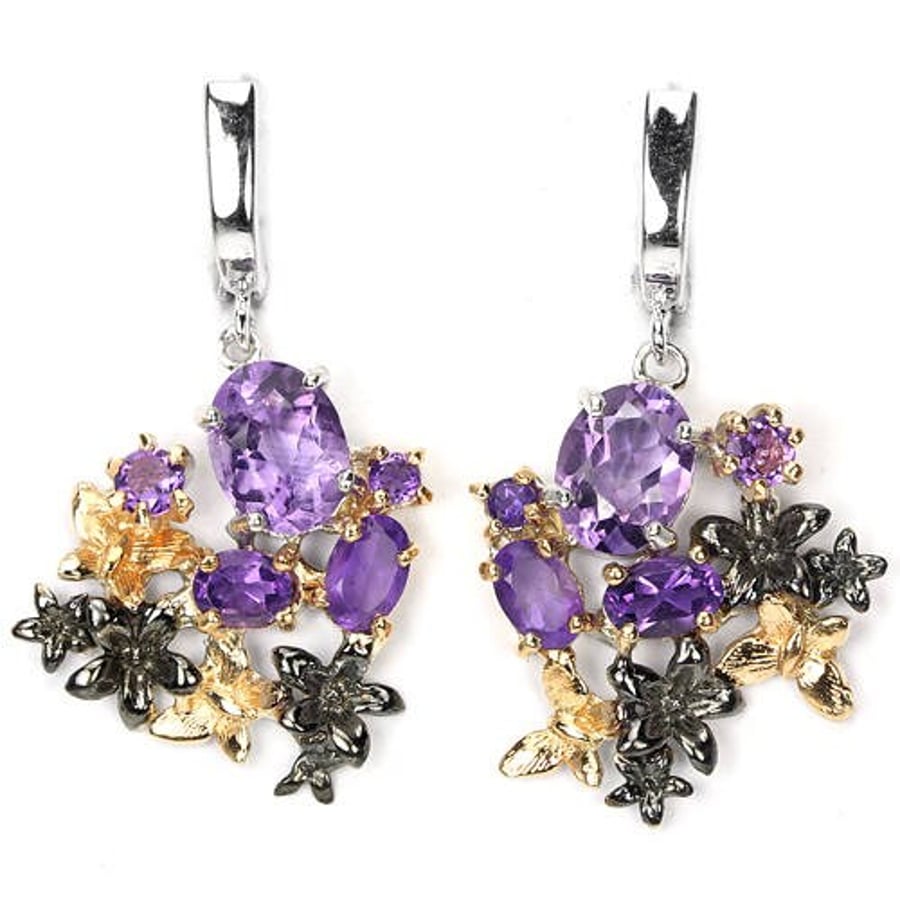 Amethyst Romantic Art Nouveau style Floral & Butterfly Dropper Earrings