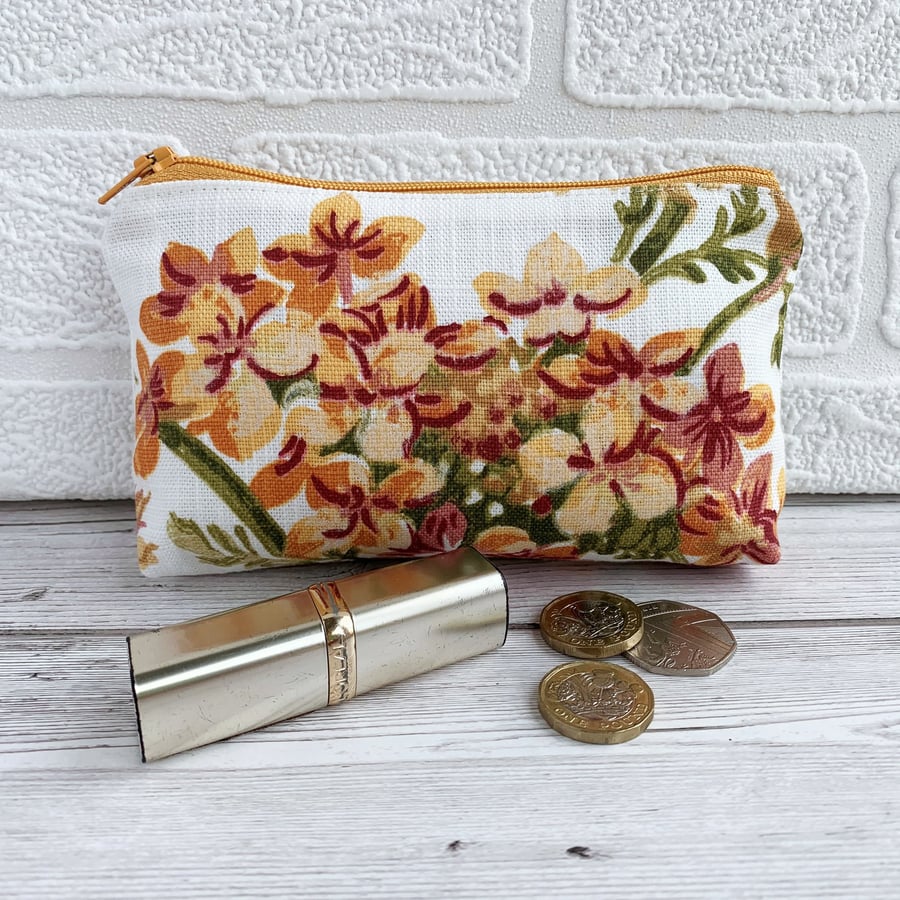 Large purse, coin purse with cluster of pink and golden yellow flowers