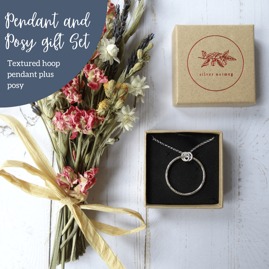 Pendant & posy gift set bundle - textured hoop in recycled silver