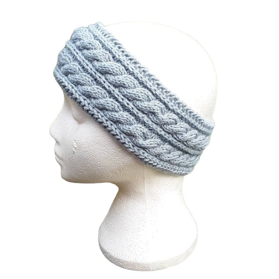 Hand knitted ladies grey-green headband ear warmer with double cable pattern 