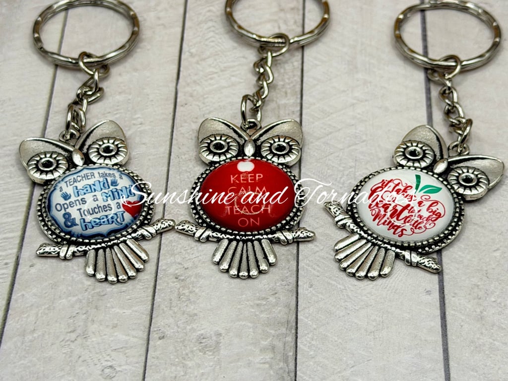 Handmade Teacher Owl Keyring - Glass Cabochon Teacher Gift - Thank You Teacher