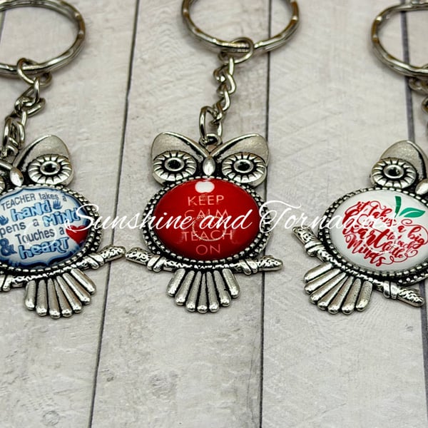 Handmade Teacher Owl Keyring - Glass Cabochon Teacher Gift - Thank You Teacher
