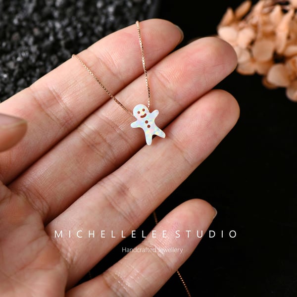 Christmas Gingerbread Man Opal Necklace With 925 Sterling Silver Chain