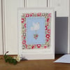 Peace and Love hand-stitched miniature textile on card - new baby? 