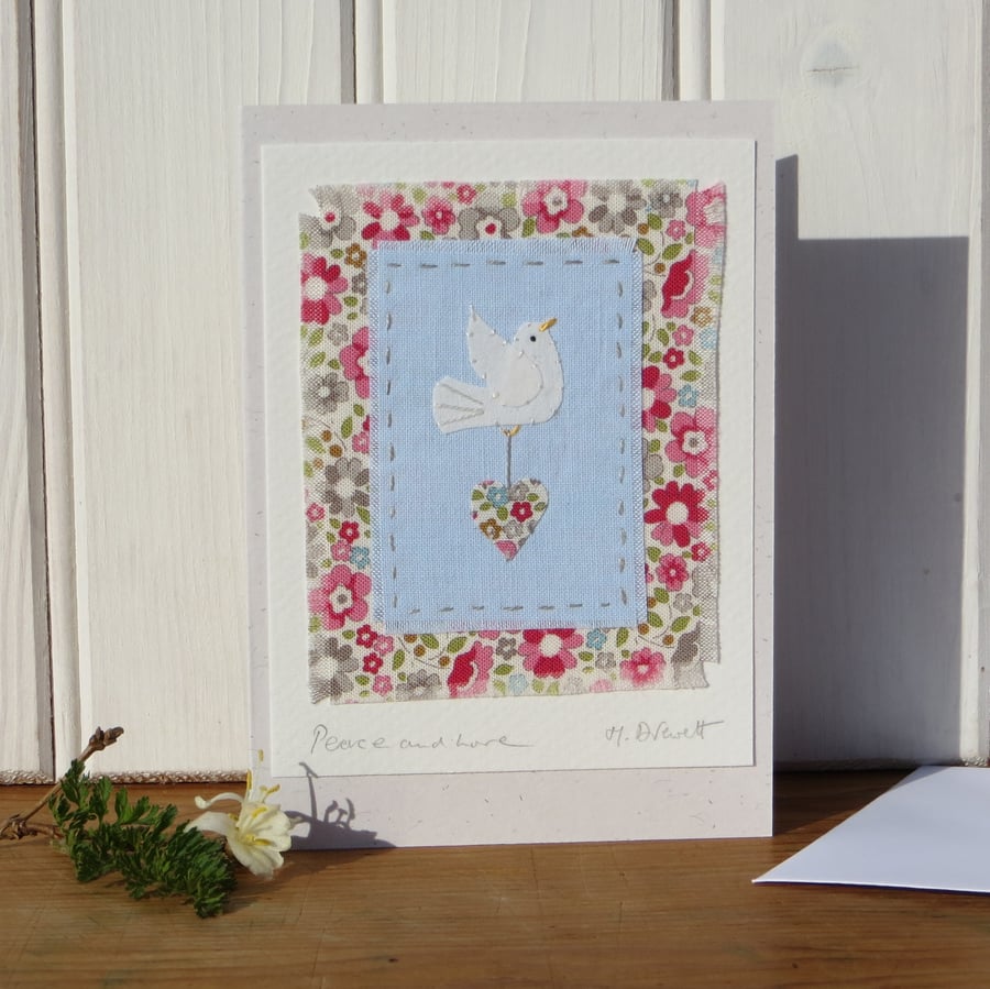 Peace and Love hand-stitched miniature textile on card - new baby? 