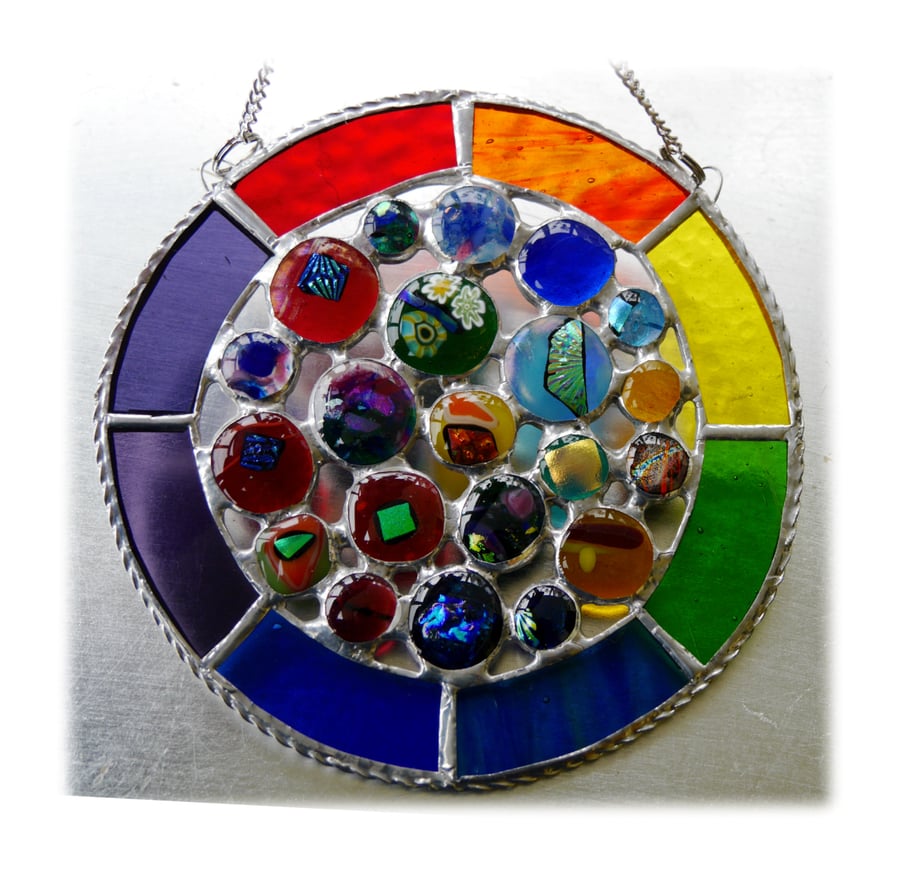 Rainbow Circles Suncatcher Stained Glass Handmade fused 016