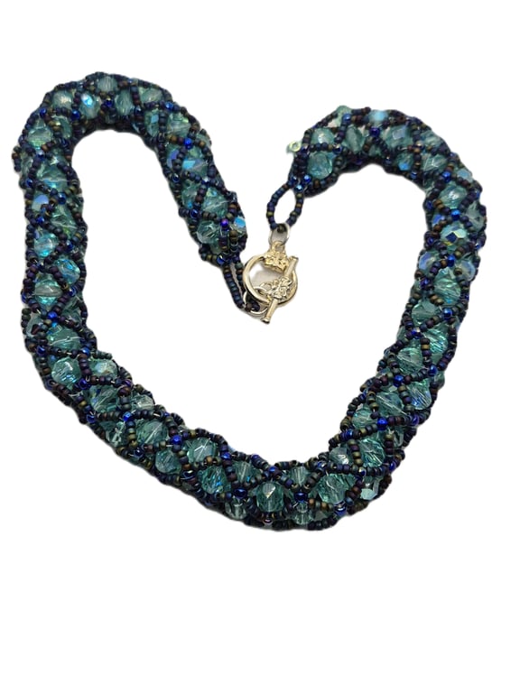 Swarovski crystal and seed bead netted necklace in blue colours