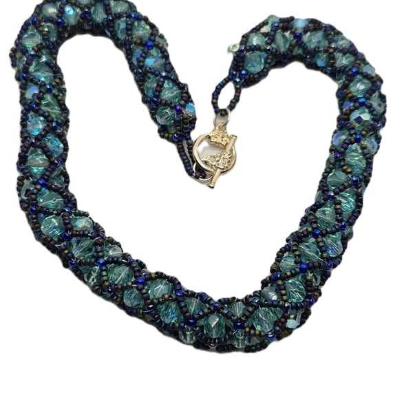 Swarovski crystal and seed bead netted necklace in blue colours