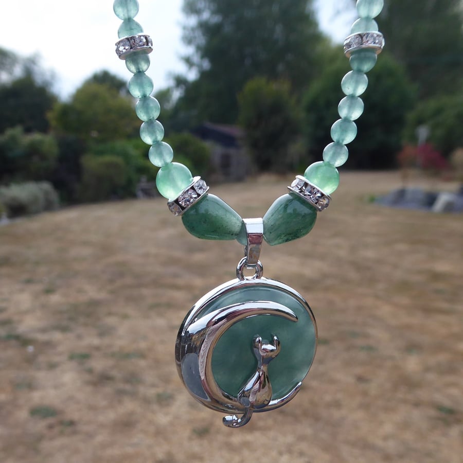 Aveturine Cat and Moon Necklace with Rhinestones and Silver Plated Fittings 