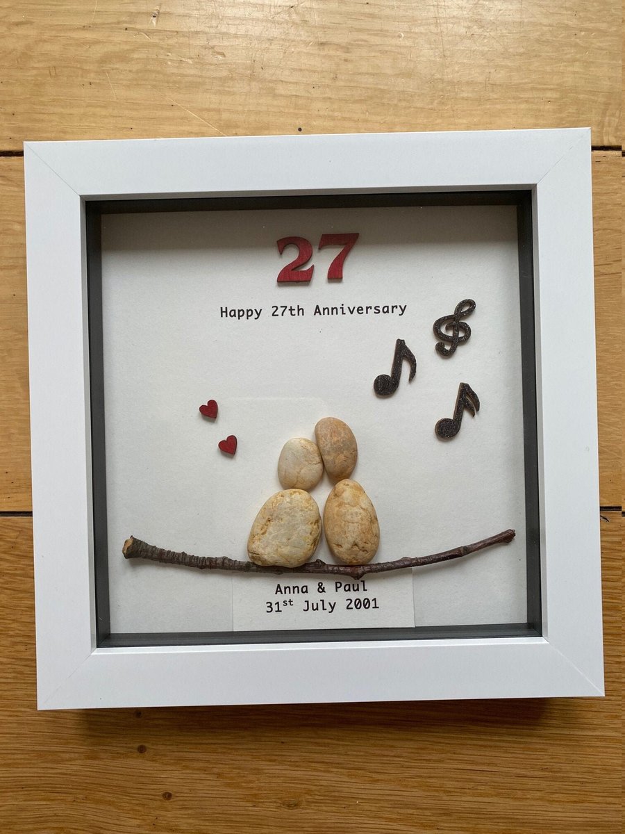 27th Wedding Anniversary Pebble Artwork Frame, Handmade Wedding Anniversary Gift