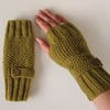 Fingerless Gloves in Olive Green Aran Wool 