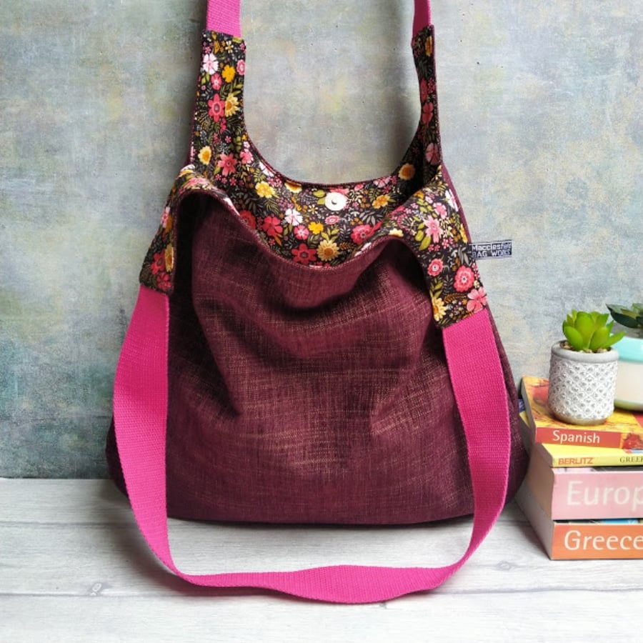 Burgundy Woven Textile and Vibrant Pink Hobo Bag