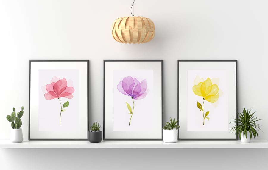 Watercolour flowers wall prints, Watercolour flowers wall decor