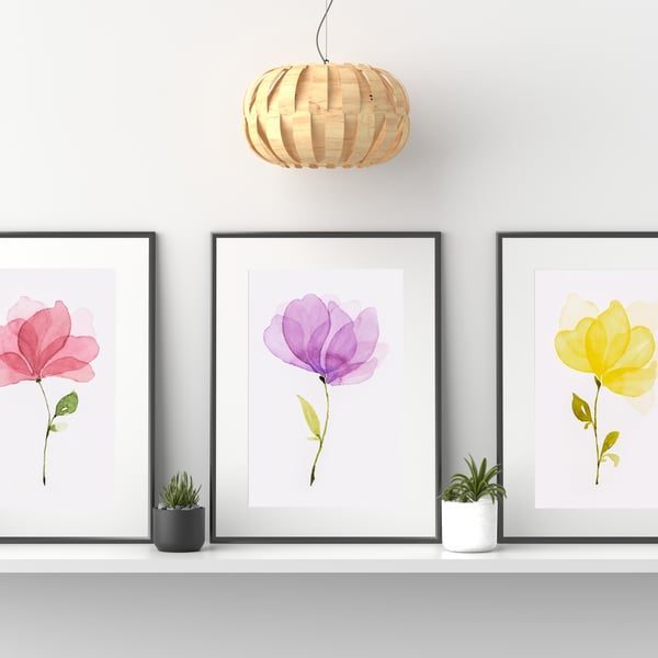 Watercolour flowers wall prints, Watercolour flowers wall decor