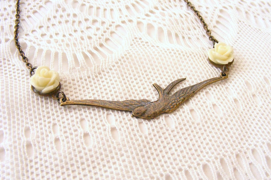 SALE! 20% off! Soaring Bird Necklace with Cream Resin Roses