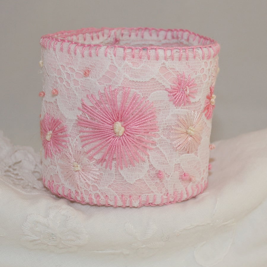 Embroidered Lace Cuff - Pink Daisies