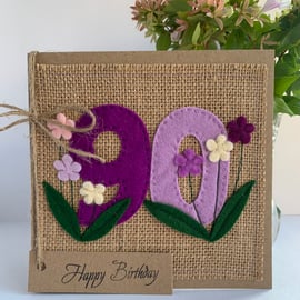 Handmade 90th Birthday Card from felt. Keepsake Card. Textile card.