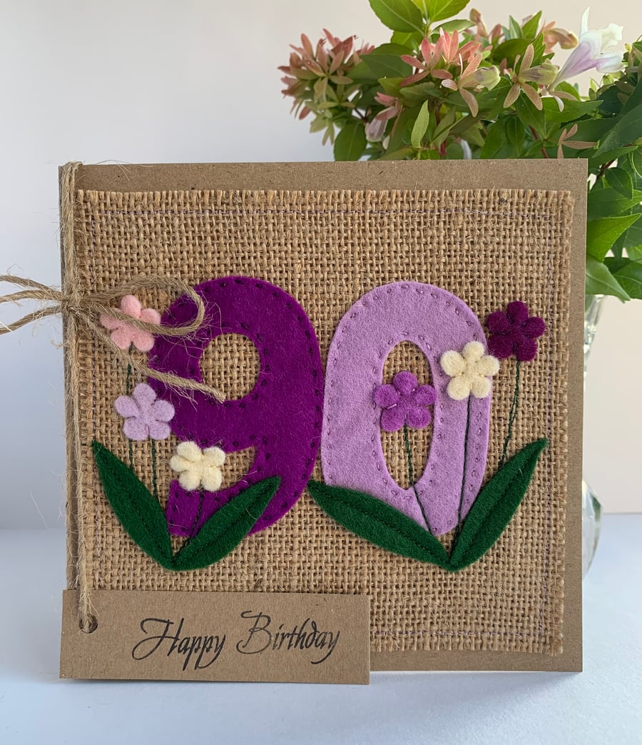 Handmade 90th Birthday Card from felt. Keepsake Card. Textile card.