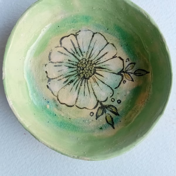 Ceramic trinket dish handpainted rustic earthenware pottery-green with flower
