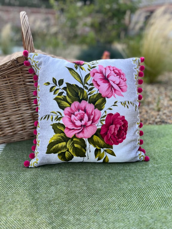Vintage Rose barkcloth cushion cover with linen back and pink pompoms