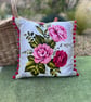 Vintage Rose barkcloth cushion cover with linen back and pink pompoms