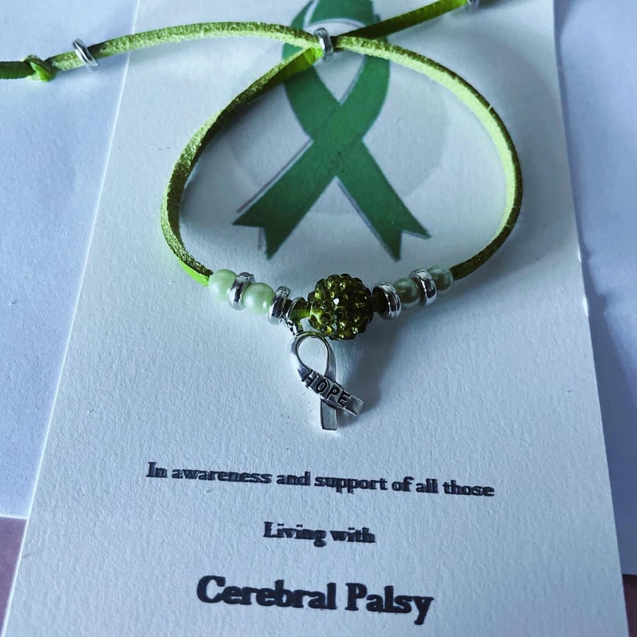 Cerebral palsy awareness suede effect corded green Shamballa adjustable bracelet