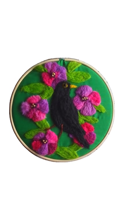 Needlefelted flowers and blackbird hoop picture 