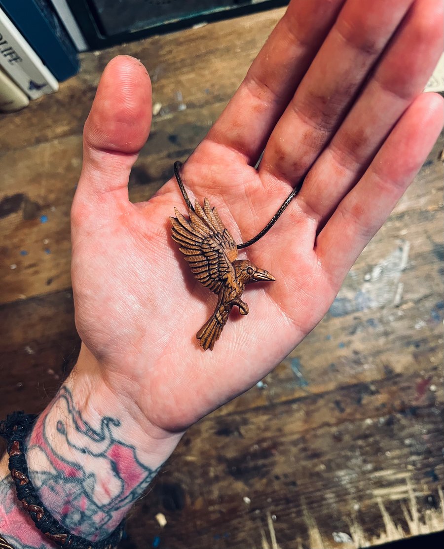Hand Carved Crow Pendant