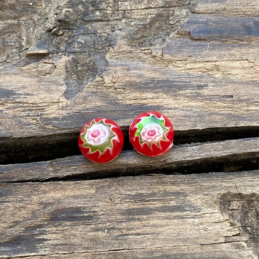 Red Millefiori Glass Stud Earrings. Sterling Silver Studs. 